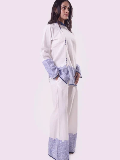 Japani Jalpari co-ordinated set featuring a Japani Jalpari" print in Safed and Neela colors